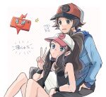  !? 1boy 1girl atsumi_yoshioka baseball_cap blue_eyes blush brown_eyes hand_in_pocket hat hilbert_(pokemon) hilda_(pokemon) open_mouth pokemon pokemon_(game) pokemon_bw rotom rotom_phone selfie shirt sitting sleeveless sleeveless_shirt striped striped_background sweat v vest 