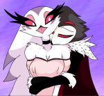  anthro anthro_on_anthro avian beak bird black_body black_feathers breasts claws clothed clothing demon duo feathers female helluva_boss husband_and_wife imp-imp-im-a-simp love male male/female married_couple mature_female mature_male multi_eye owl owl_demon pink_eyes red_eyes romantic romantic_couple simple_background smile stella_(helluva_boss) stolas_(helluva_boss) white_body white_feathers 