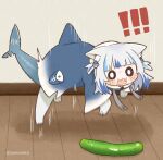  ! !! :3 animal_ears bangs blue_hair blunt_bangs cat_ears chibi commentary cucumber fish_tail gawr_gura highres hololive hololive_english indoors multicolored_hair o_o open_mouth same_anko scared shark_tail sharp_teeth streaked_hair surprised symbol-only_commentary tail teeth twitter_username two_side_up virtual_youtuber white_hair wooden_floor 
