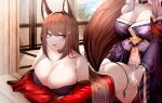  2girls absurdres amagi_(azur_lane) ass azur_lane bent_over black_panties blush breasts brown_hair brown_tail cleavage coat head_out_of_frame highres huge_breasts indoors japanese_clothes kimono kitsune large_tail long_hair looking_back multiple_girls panties purple_eyes purple_kimono red_coat samip shinano_(azur_lane) side-tie_panties string_panties tail underwear white_hair wooden_floor 