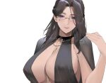  1girl alios_arvin blue_eyes blush breasts brown_hair capelet covered_nipples glasses halterneck jewelry large_breasts long_hair looking_at_viewer mature_female necklace original parted_lips simple_background smile solo white_background 