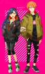  1boy 1girl :d arm_belt black_footwear black_jacket black_pants black_shorts earrings green_jacket hair_ornament hairclip hand_in_pocket highres hinata_(ryohinata) jacket jewelry long_hair multicolored_hair orange_eyes orange_hair pants pink_background project_sekai shorts simple_background smile star_(symbol) star_earrings streaked_hair torn_clothes torn_pants zipper 