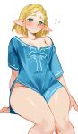  1girl absurdres bangs blonde_hair blush borrowed_garments bottomless braid breasts green_eyes hair_ornament hairclip highres looking_at_viewer naked_shirt nervous_smile nia_(nia4294) pointy_ears princess_zelda shirt short_hair small_breasts smile solo the_legend_of_zelda thick_thighs thighs tunic wide_hips 