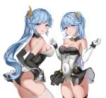  2girls absurdres ban_tang bangs black_collar black_gloves black_leotard black_scrunchie black_thighhighs blue_eyes blue_hair blush breasts cleavage collar covered_navel crescent crescent_hair_ornament detached_collar elbow_gloves gloves hair_ornament hand_up highres leotard long_hair looking_at_viewer looking_back medium_breasts multiple_girls original parted_lips ponytail scrunchie simple_background skindentation star_(symbol) star_hair_ornament strapless strapless_leotard thighhighs white_background white_gloves white_leotard white_thighhighs wrist_scrunchie 