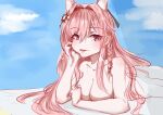  1girl animal_ears arknights bangs blue_sky braid breasts chinese_commentary cloud collarbone commentary_request day hair_between_eyes hair_intakes hair_ornament hand_up head_rest large_breasts liufeng long_hair looking_at_viewer lying nude on_stomach outdoors parted_lips partial_commentary pink_eyes pink_hair pozyomka_(arknights) single_braid sky smile solo wolf_ears 