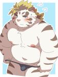  2022 anthro belly big_belly blue_eyes blush bodily_fluids bulge clothing felid hi_res kemono licho_(tas) lifewonders male mammal moobs navel nipples overweight overweight_male pantherine ptcmtr solo sweat tiger tokyo_afterschool_summoners underwear undressing video_games white_body 