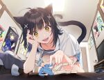  1boy 1girl :d ahoge animal_ears artist_name bangs barefoot bed bedroom black_hair blue_eyes blue_hair blue_shirt blue_shorts blunt_bangs cat_ears cat_girl cat_tail collarbone commentary_request controller dakimakura_(object) door fangs game_console game_controller hair_ornament indoors long_shirt long_sleeves miniboy mouse_boy mouse_ears mouse_tail open_mouth original pants pillow plaid plaid_shirt playstation_4 poster_(object) shirt short_sleeves shorts smile tail teeth television tsukumon_123 watermark white_pants white_shirt x_hair_ornament yellow_eyes 