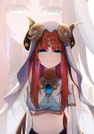  1girl absurdres aqua_eyes bangs blunt_bangs brooch commentary crop_top genshin_impact highres horns jewelry long_hair long_sleeves looking_at_viewer midriff nilou_(genshin_impact) no_navel qixia red_hair smile solo stomach upper_body veil zoom_layer 