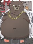  2022 anthro belly ben_(zenless_zone_zero) big_belly bottomwear brown_body brown_nose clothed clothing hi_res jamiephut kemono male mammal moobs navel nipples obese obese_male open_clothing open_shirt open_topwear overweight overweight_male pants scar shirt solo topwear ursid zenless_zone_zero 
