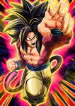  1girl absurdres attack black_hair body_fur clenched_hand dougi dragon_ball dragon_ball_gt fighting_stance foreshortening highres incoming_attack incoming_punch looking_at_viewer male_focus monkey_boy monkey_tail muscular muscular_male pants punching red_fur serious son_goku spiked_hair super_saiyan super_saiyan_4 tail teeth topless_male yuuri_(fukuroudou) 