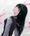  1girl bangs black_hair chainsaw_man head_tilt highres lifyter long_hair long_sleeves looking_at_viewer looking_back mitaka_asa scar scar_on_cheek scar_on_face solo war_devil_(chainsaw_man) yellow_eyes 