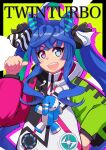  1girl @_@ ahoge animal_ears aqua_hair black_ribbon blue_eyes blue_hair character_name coat commentary ear_covers green_coat hair_ribbon hand_on_hip heiden heterochromia highres horse_ears horse_girl long_hair looking_at_viewer multicolored_coat multicolored_hair open_mouth pointing pointing_at_self purple_coat purple_eyes ribbon sharp_teeth smile solo standing stuffed_animal stuffed_bunny stuffed_toy teeth twin_turbo_(umamusume) twintails two-tone_hair umamusume upper_body very_long_hair 