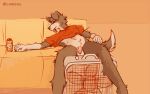  2022 anthro balls biped bottomless bottomless_anthro bottomless_male brown_body brown_fur canid canine canis clothed clothing digital_media_(artwork) domestic_dog fan_(disambiguation) flaccid fur genitals lawyerdog male mammal multicolored_body multicolored_fur orange_background penis shirt simple_background solo tongue tongue_out topwear two_tone_body two_tone_fur white_body white_fur 