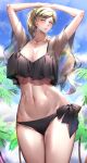 1girl abs absurdres armpits bikini black_bikini blonde_hair blue_eyes breasts cleavage collarbone day highres kantai_collection large_breasts looking_at_viewer navel obei_teitoku official_alternate_costume ponytail richelieu_(kancolle) see-through side-tie_bikini solo swimsuit toned 