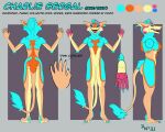  absurd_res ankle_tuft anthro blue_hair charlie_sergal cheek_tuft chest_tuft elbow_tuft facial_tuft fangs female fur grey_background hair hi_res highlights_(coloring) leg_tuft model_sheet multicolored_body multicolored_fur open_mouth open_smile pawpads paws pink_pawpads red_highlights sergal simple_background smile solo tail_tuft tuft zephyriwolf 
