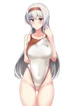  1girl absurdres ass_visible_through_thighs breasts competition_swimsuit covered_nipples hachimaki headband highleg highres kantai_collection long_hair looking_at_viewer multicolored_clothes multicolored_swimsuit navel one-piece_swimsuit shoukaku_(kancolle) silver_swimsuit simple_background sing152 smile swimsuit tight yellow_eyes 