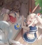  2girls absurdres architecture arm_support ayanami_(azur_lane) azur_lane bangs bare_legs barefoot blonde_hair blue_sailor_collar blue_skirt blush commentary_request day dutch_angle east_asian_architecture feet flat_chest from_above hair_between_eyes hand_fan highres innofance laffey_(azur_lane) legwear_removed light_purple_hair long_hair looking_at_viewer looking_back lying midriff multiple_girls navel one_eye_closed open_mouth paper_fan pleated_skirt ponytail porch red_skirt sailor_collar shouji sidelocks sitting skirt sliding_doors stomach strap_slip summer sunlight tank_top tatami toes twintails very_long_hair yawning 