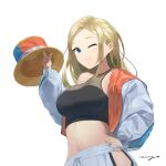  1girl absurdres blonde_hair blue_eyes forehead highres midriff mole mole_under_eye nuage one_eye_closed original simple_background solo stomach white_background 