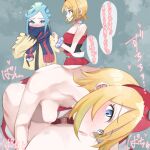  1boy 1girl assertive_female blonde_hair blue_eyes blue_hair blush breasts clothing_aside cowgirl_position girl_on_top grusha_(pokemon) hanging_breasts hetero highres irida_(pokemon) licking licking_nipple nipples panties panties_aside pokemon pokemon_(game) pokemon_legends:_arceus pokemon_sv pov sagging_breasts scarf sex straddling toitomeitoko tongue tongue_out translation_request underwear vaginal 