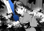  1girl bangs blunt_bangs braid braid_girl_(enmu&#039;s_recruits) floating_hair forest frown hair_over_shoulder hand_up highres holding holding_weapon japanese_clothes kimetsu_no_yaiba kimono long_hair long_sleeves looking_at_viewer mihashi_(re4_glo) monochrome nature obi portal_(object) sash solo spot_color twin_braids twintails upper_body weapon wide_sleeves 