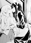  2girls apron blush bound bound_wrists breasts closed_eyes commentary_request greyscale hand_under_clothes highres indoors kiss leg_between_thighs long_hair maid_apron maid_headdress monochrome multiple_girls original yuri zanka_(the-only-neat) 