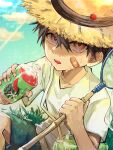  1boy absurdres bandaid bottle bug butterfly_net cloud day drink grasshopper hand_net hat highres holding holding_bottle ladybug shirt shorts sitting soda_bottle solo straw_hat suzuno_woto sweat white_shirt 