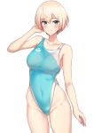  1girl absurdres ass_visible_through_thighs blonde_hair blue_eyes blue_swimsuit breasts competition_swimsuit highleg highres kantai_collection large_breasts looking_at_viewer multicolored_clothes multicolored_swimsuit navel one-piece_swimsuit short_hair simple_background sing152 smile swimsuit tight white_swimsuit 