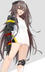  1girl absurdres bangs brown_hair feet_out_of_frame flat_chest from_below girls&#039;_frontline gradient gradient_background hair_between_eyes hair_ornament highres kotoha_(kotoha65) long_hair looking_at_viewer mod3_(girls&#039;_frontline) no_pants open_mouth panties prosthesis prosthetic_arm scar scar_across_eye shirt solo standing teeth ump45_(girls&#039;_frontline) underwear upper_teeth very_long_hair white_shirt yellow_eyes 