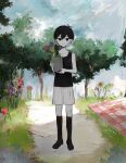  1boy bangs bare_shoulders black_eyes black_flower black_hair black_socks black_tank_top blanket blue_sky child cloud collarbone colored_skin commentary day expressionless faux_traditional_media flower full_body grass grey_shorts grey_skin highres holding holding_flower looking_at_viewer male_child male_focus no_nose no_shoes omori omori_(omori) outdoors plant potted_plant purple_tulip red_flower road short_hair shorts skkc_128 sky socks solid_circle_eyes solo standing straight-on sunflower tank_top tree tulip yellow_flower 