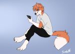  2022 4_toes 5_fingers anthro blue_eyes canid canine clothed clothing digital_media_(artwork) feet fingers fox fur male mammal orange_body orange_fur sinalanf sitting solo toes white_body white_fur 