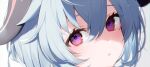  1girl bangs banned_artist blue_hair blush close-up ganyu_(genshin_impact) genshin_impact horns looking_at_viewer multicolored_eyes muryotaro parted_lips portrait purple_eyes simple_background solo triangle_mouth white_background 