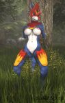  2022 3d_(artwork) absurd_res anthro bandai_namco blue_body blue_scales bottomless breasts clothed clothing digimon digimon_(species) digital_media_(artwork) female flamedramon genitals grass hand_above_breast hi_res leg_armor looking_at_viewer mask multicolored_body multicolored_scales nipples open_mouth outside plant pussy revealing_breasts rock scaleddelta scales solo source_filmmaker teeth tree two_tone_body two_tone_scales white_body white_scales 