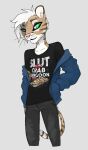  anthro bottomwear casual_clothing clothed clothing denim denim_clothing drew_(phlegraofmystery) felid feline graphic_tee green_eyes hair hi_res hoodie jeans leopardus male mammal ocelot orange_body pants phlegraofmystery solo spots stripes topwear white_hair 