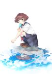  1girl absurdres black_skirt black_socks brown_footwear brown_hair food green_eyes highres kneehighs looking_at_viewer original popsicle puddle rainbow reflection school_uniform serafuku shoes short_hair skirt socks squatting umeda_hanako white_background 