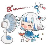  1girl a_(phrase) animal_costume animal_hood bangs barefoot blue_hair blue_hoodie blunt_bangs chibi closed_eyes commentary cup ebi-chan_(gawr_gura) electric_fan fish_tail gawr_gura hair_ornament hololive hololive_english hood hoodie hoshinecokaname long_sleeves medium_hair multicolored_hair on_floor open_mouth popsicle_stick shark_costume shark_girl shark_hair_ornament shark_hood shark_tail sharp_teeth shrimp simple_background sitting sleeves_past_wrists solo star_(symbol) streaked_hair tail tail_wagging teeth two_side_up virtual_youtuber white_background white_hair wide_sleeves wrapper 