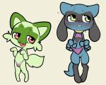  5:4 biped black_body blue_body blush camel_toe clothed clothing duo fangs female feral genitals green_body green_eyes hi_res itsunknownanon looking_at_viewer looking_away nintendo open_mouth pok&eacute;mon pok&eacute;mon_(species) pussy red_eyes riolu simple_background skimpy skimpy_bikini smile sprigatito video_games 