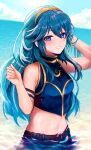  1girl alternate_costume asada_sadao bangs beach belt blue_eyes blue_hair blue_sky blue_swimsuit blush breasts brown_belt cloud commentary_request day fingernails fire_emblem fire_emblem_awakening fire_emblem_cipher gold_trim hair_between_eyes hand_in_own_hair highres lips looking_at_viewer lucina_(fire_emblem) midriff navel official_alternate_costume outdoors partially_submerged pink_lips sky small_breasts smile solo stomach swimsuit tiara water wet 
