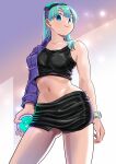  1girl absurdres aqua_hair bare_shoulders black_skirt blue_eyes breasts bulma closed_mouth crop_top dragon_ball dragon_radar goggles goggles_on_head highres kara_foo midriff navel skirt smile solo watch wristwatch 