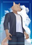  2022 anthro bottomwear canid canine canis chung0_0 clothing cloud coyote hi_res long_sleeves looking_at_viewer male mammal pants picture_frame shirt signature sky solo topwear white_clothing white_shirt white_topwear 