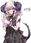  1girl au_ra bangs bare_shoulders black_dress blonde_hair breasts cleavage copyright_name dress final_fantasy final_fantasy_xiv heterochromia horns purple_eyes red_eyes simple_background sleeveless sleeveless_dress solo suterii tail white_background 