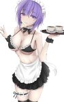  1girl :d absurdres alternate_hairstyle apron bangs bikini bikini_top_only black_bikini black_bow black_bowtie black_skirt black_thighhighs bow bowtie breasts cleavage coffee_cup collarbone cup disposable_cup eyebrows_hidden_by_hair eyes_visible_through_hair hair_between_eyes highres hololive hololive_indonesia light_blush looking_at_viewer maid maid_bikini maid_headdress makeitezz21 medium_breasts moona_hoshinova multicolored_hair nail_polish plate pleated_skirt purple_eyes ribbon-trimmed_bikini ribbon_trim short_hair simple_background skirt smile solo spoon swimsuit thigh_strap thighhighs tray two-tone_hair underboob virtual_youtuber white_background wrist_cuffs 
