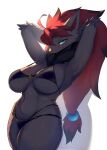  2022 absurd_res big_breasts blue_eyes breasts canid canine clothing female hi_res looking_at_viewer mammal navel nintendo pok&eacute;mon pok&eacute;mon_(species) simple_background smile solo swimwear video_games white_background whooo-ya zoroark 