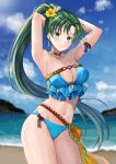  1girl armpits arms_up bare_shoulders bikini blue_bikini blue_sky blue_swimsuit breasts collarbone fire_emblem fire_emblem:_the_blazing_blade fire_emblem_heroes flower green_eyes green_hair hair_flower hair_ornament highres large_breasts looking_at_viewer lyn_(fire_emblem) navel ocean official_alternate_costume ponytail sky smile solo strapless swimsuit yui_(msy1302mana) 