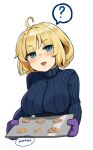  1girl ? ahoge artist_name blonde_hair blue_eyes blue_sweater blush breasts cookie english_commentary food girls&#039;_frontline gloves highres holding kion-kun large_breasts long_sleeves m1911_(girls&#039;_frontline) open_mouth ribbed_sweater short_hair simple_background smile solo spoken_question_mark sweater turtleneck turtleneck_sweater upper_body white_background 