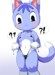  animal_crossing anthro bikini blue_body blue_fur blush breasts chobonolly clothing felid feline felis female flat_chested fur hi_res looking_at_viewer mammal mostly_nude nintendo rosie_(animal_crossing) simple_background slightly_chubby solo speech_bubble standing swimwear thick_thighs video_games 