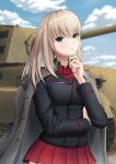  1girl absurdres bangs black_jacket blue_eyes blue_sky blurry blurry_background closed_mouth cloud coat coat_on_shoulders commentary day depth_of_field dress_shirt finger_to_own_chin girls_und_panzer grey_coat grey_hair ground_vehicle hand_on_own_arm highres itsumi_erika jacket kuromorimine_military_uniform long_sleeves looking_at_viewer medium_hair military military_uniform military_vehicle miniskirt motor_vehicle outdoors pleated_skirt prefecture54 red_shirt red_skirt shirt skirt sky smile solo standing tank tiger_ii trench_coat uniform wing_collar 