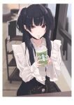  1girl absurdres black_hair black_skirt blurry blurry_background cafe cup disposable_cup drinking drinking_straw frilled_shirt_collar frills highres holding holding_cup idolmaster idolmaster_shiny_colors indoors leather_bag looking_at_viewer mayuzumi_fuyuko ryus shirt sitting skirt solo starbucks two_side_up white_shirt wide_sleeves 