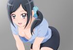 1girl bad_link bangs black_eyes black_hair blue_scrunchie blush breasts cleavage fuchi_(nightmare) healin&#039;_good_precure open_mouth parted_bangs ponytail precure sawaizumi_chiyu scrunchie shorts side_ponytail smile solo tagme 