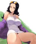  1girl absurdres black_hair breasts closed_mouth dress expressionless eyewear_on_head grass green_eyes highres jacket joy_boy large_breasts long_hair looking_at_viewer lying nico_robin one_piece purple_jacket solo sunglasses white_dress 