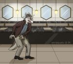  2022 anthro apex_(artist) bathroom bodily_fluids bottomwear canid canine canis clothing dress_pants dress_shirt dress_shoes genital_fluids hi_res holding_crotch hunched_over male mammal mirror omorashi pants shirt sink solo suit_jacket sweat sweatdrop topwear urine wet wet_bottomwear wet_clothing wet_pants wetting wolf 